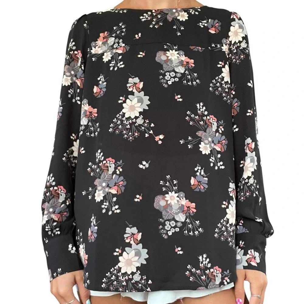 LOFT Women's S Black Pink Floral Bouquet Long Sleeve Cutout Casual Career Blouse